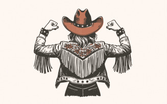 Empowered Cowgirl PNG, Fringe Jacket Art, Strong Western Lady Illustration, Vintage Cowgirl with