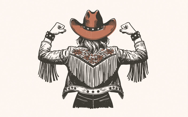Empowered Cowgirl PNG, Fringe Jacket Art, Strong Western Lady Illustration, Vintage Cowgirl with