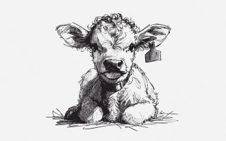 Adorable Calf PNG, Cute Farm Animal, Baby Cow Drawing, Rustic Country Farm Art, Black and White