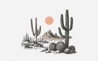 Desert Sunset Cactus PNG, Western Design Download, Retro Style Desert Scene, Trendy Western PNG,