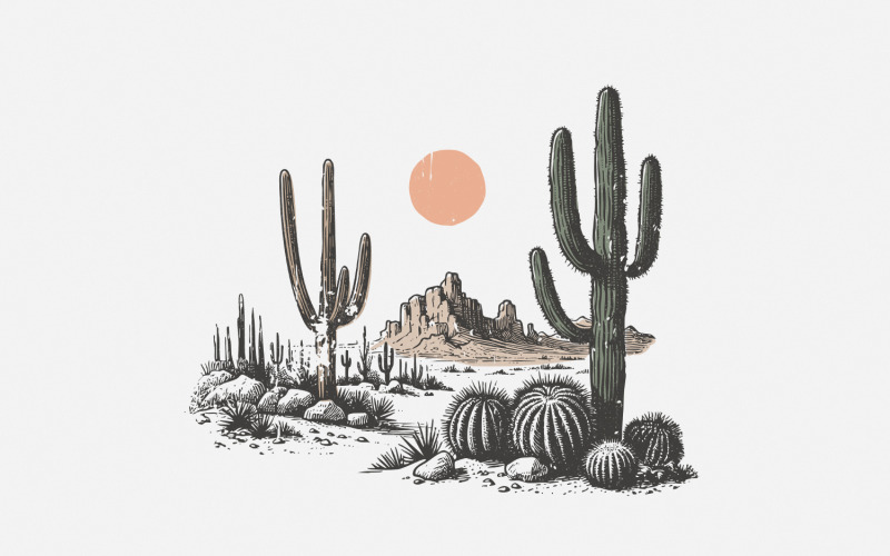 Desert Sunset Cactus PNG, Western Design Download, Retro Style Desert Scene, Trendy Western PNG, Illustration