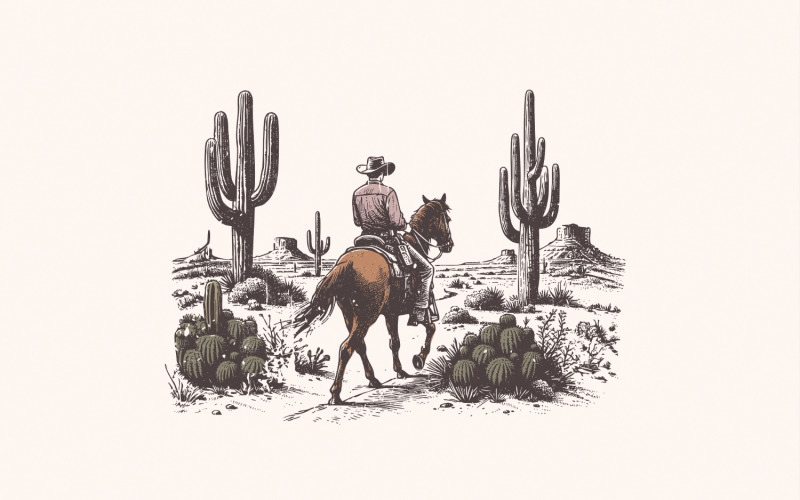 Vintage Cowboy in Desert Illustration, Retro Western Cowboy, Wild West Scene, Country Cowboy,