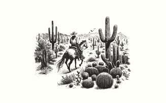 Western Cowboys PNG, Western Sublimation, Desert Cactus Line Art, Vintage Retro Cowboy, Country