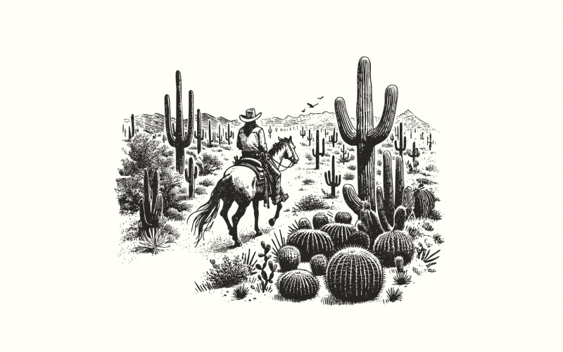Western Cowboys PNG, Western Sublimation, Desert Cactus Line Art, Vintage Retro Cowboy, Country Illustration