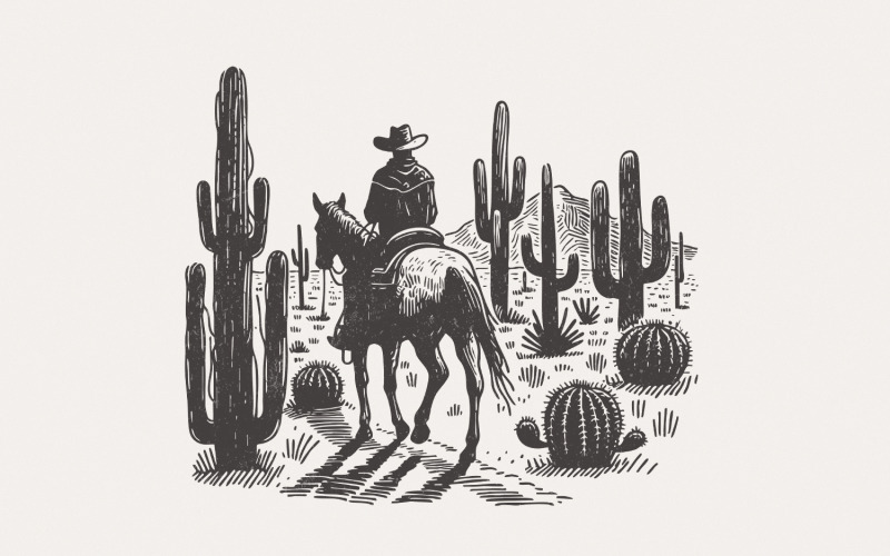 Western Cowboys PNG, Western Sublimation Design, Desert Cactus Line Art, Vintage Retro Cowboy, Illustration