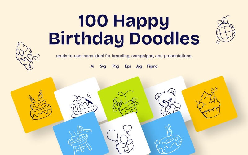 Modern Birthday Doodles Set Icon Set