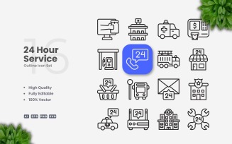 16 24 Hour Service Outline Icon Set