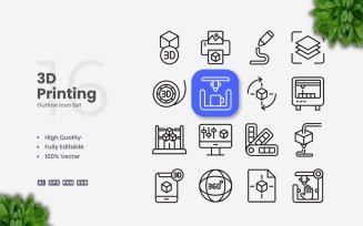 16 3D Printing Outline Icon Set