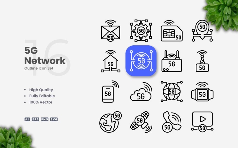 16 5G Network Outline Icon Set