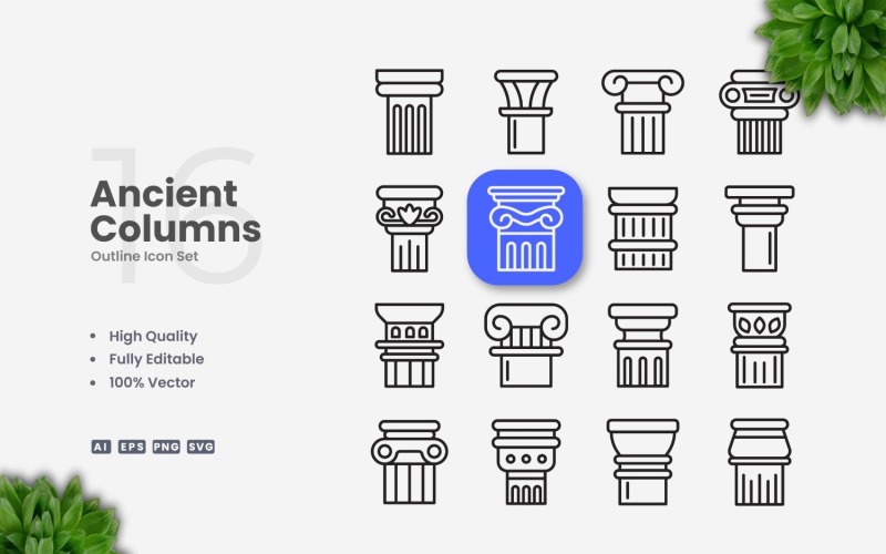 16 Ancient Columns Outline Icon Set