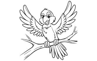 A black and white line drawing of a parrot