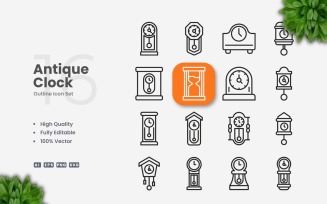 16 Antique Clock Outline Icon Set