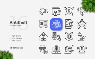 16 Antitheft Outline Icon Set