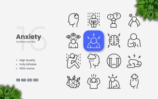 16 Anxiety Outline Icon Set