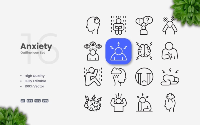 16 Anxiety Outline Icon Set