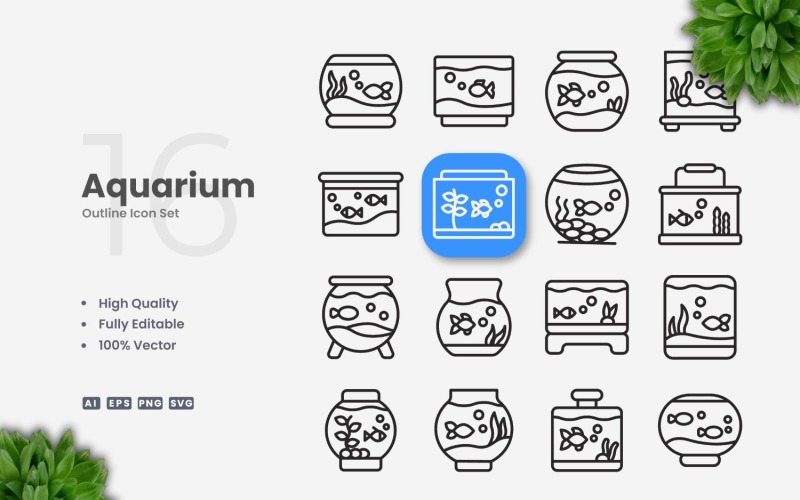 16 Aquarium Outline Icon Set