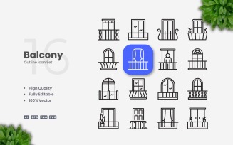 16 Balcony Outline Icon Set