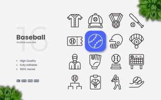 16 Baseball Outline Icon Set