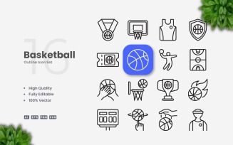 16 Basketball Outline Icon Set