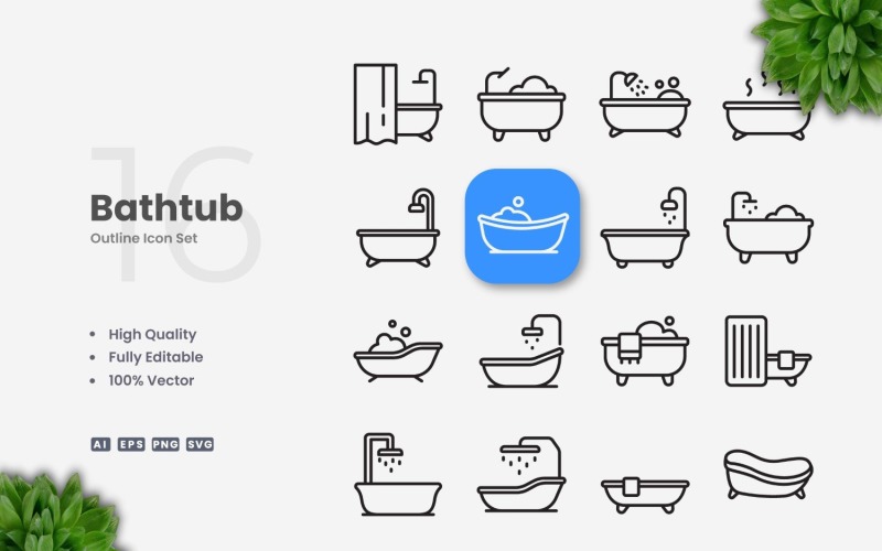 16 Bathtub Outline Icon Set