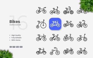 16 Bikes Outline Icon Set