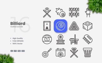 16 Billiard Outline Icon Set