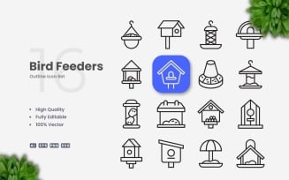 16 Bird Feeders Outline Icon Set
