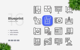 16 Blueprint Outline Icon Set