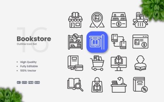 16 Bookstore Outline Icon Set