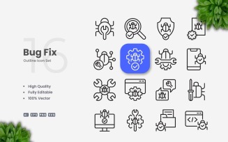 16 Bug Fix Outline Icon Set
