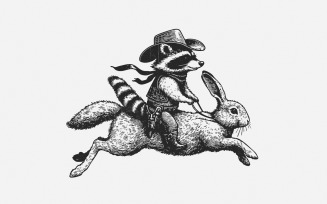 Cowboy Raccoon Riding Rabbit PNG, Funny Western Adventure, Cartoon Animal Design, Cute Country