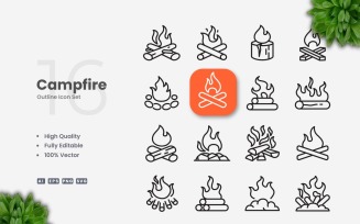 16 Campfire Outline Icon Set
