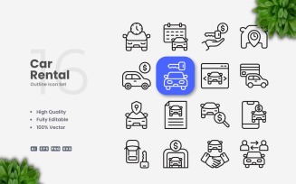 16 Car Rental Outline Icon Set
