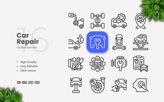 16 Car Repair Outline Icon Set
