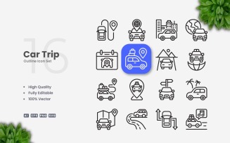 16 Car Trip Outline Icon Set