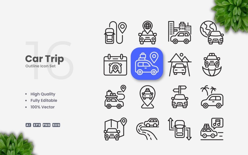 16 Car Trip Outline Icon Set