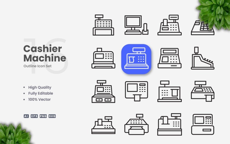 16 Cashier Machine Outline Icon Set