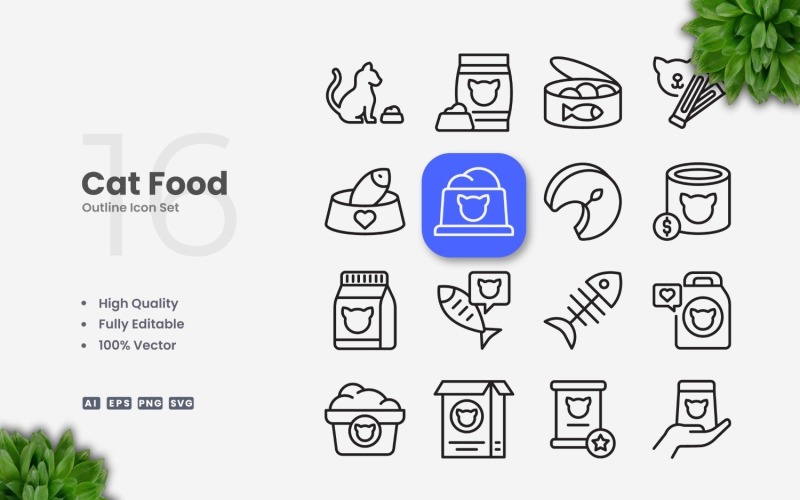 16 Cat Food Outline Icon Set