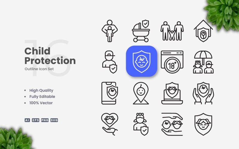 16 Child Protection Outline Icon Set