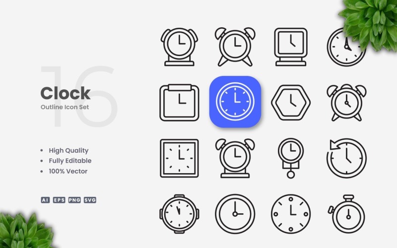 16 Clock Outline Icon Set