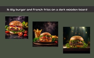 Big burger and french fries on a dark wooden board