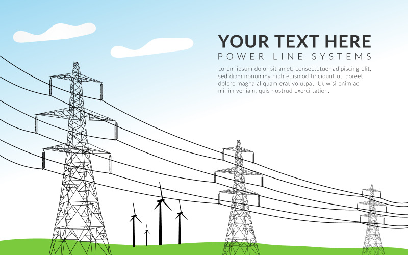 High voltage electric transmission tower Power system electricity pole Energy pylon Wind turbine Illustration