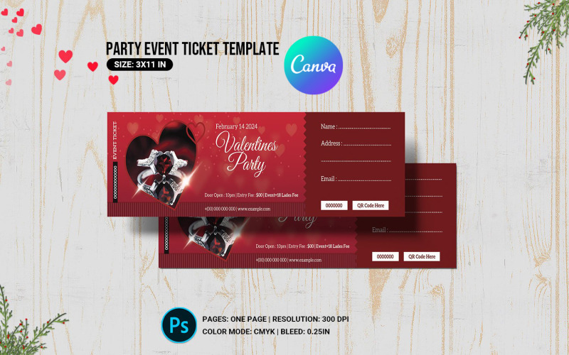 Valentine’s Day Party Ticket Template - Elegant & Customizable Design Corporate Identity