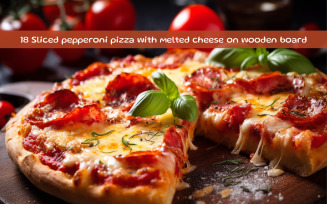 Sliced pepperoni pizza with melted cheese on wooden board