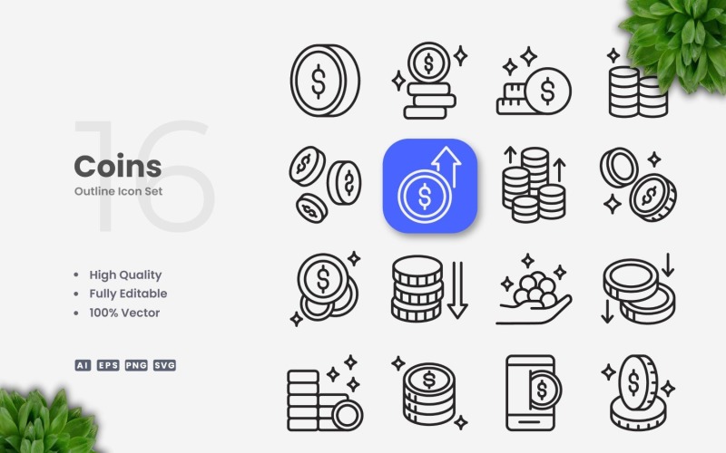 16 Coins Outline Icon Set