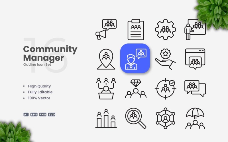 16 Community Manager Outline Icon Set