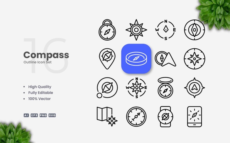 16 Compass Outline Icon Set