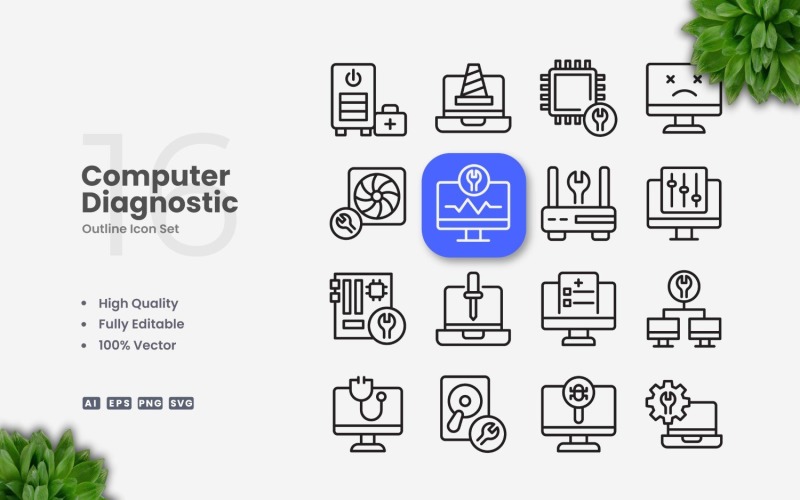 16 Computer Diagnostic Outline Icon Set