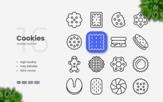 16 Cookies Outline Icon Set