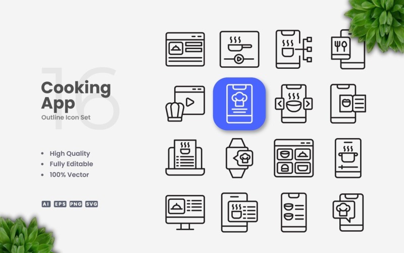 16 Cooking App Outline Icon Set